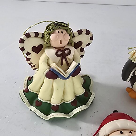 Set Of 3 Christmas Figurine Ornaments Santa Angel Penguin Polymer Clay - Picture 3 of 7